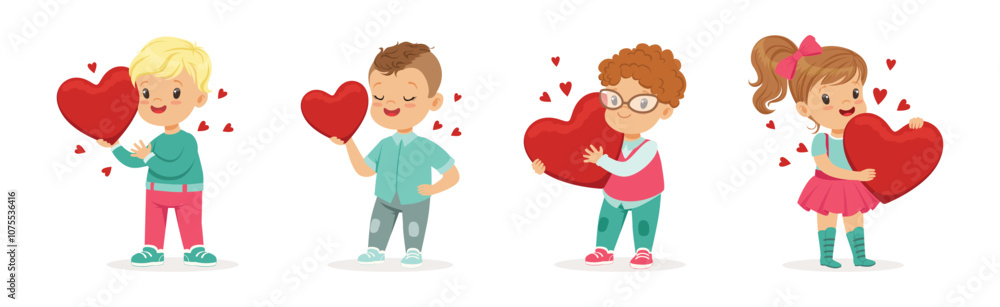 Cute Little Boy and Girl with Red Heart Feel Love Vector Set Cute Little Boy and Girl with Red Heart Feel Love Vector Set