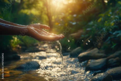 Gentle hands scooping sunlight-kissed water serene stream