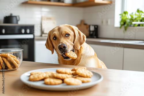 A curious Labrador retriever enjoys a freshly baked cookie in a bright kitchen filled with natural light in the afternoon. Generative AI photo