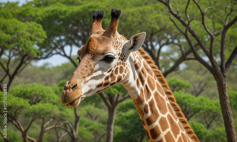 A giraffe looks to the side in a lush forest A giraffe looks to the side in a lush forest