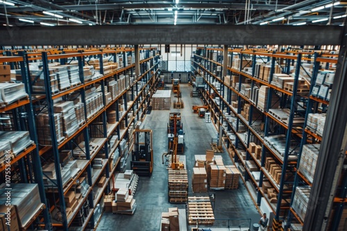 An Overlook of a Large Warehouse with Multiple Forklifts and Pallets of Goods