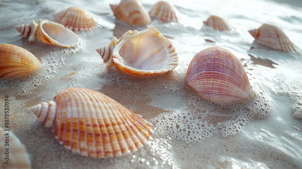 Colorful seashells resting on wet sand along the shore at dawn Colorful seashells resting on wet sand along the shore at dawn