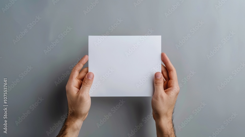 Hands Holding a Blank White Card or Paper Against Gray Background for Mockup or Message Display Hands Holding a Blank White Card or Paper Against Gray Background for Mockup or Message Display