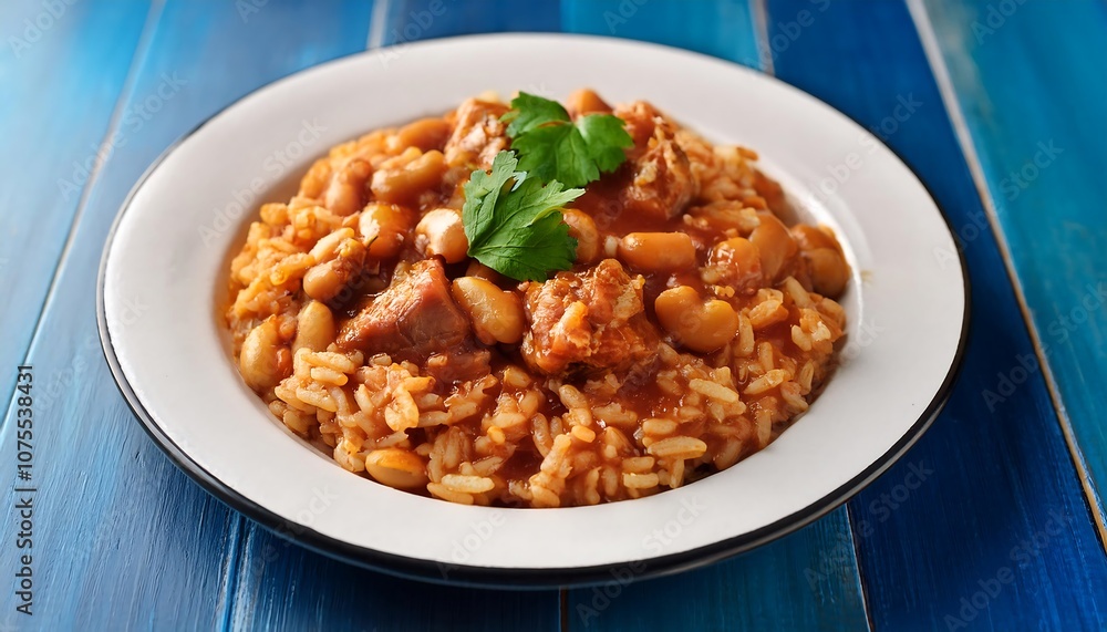 Puerto Rican arroz con gandules features rice cooked with pigeon peas, pork, and sofrito, t_1(1533) Puerto Rican arroz con gandules features rice cooked with pigeon peas, pork, and sofrito, t_1(1533)