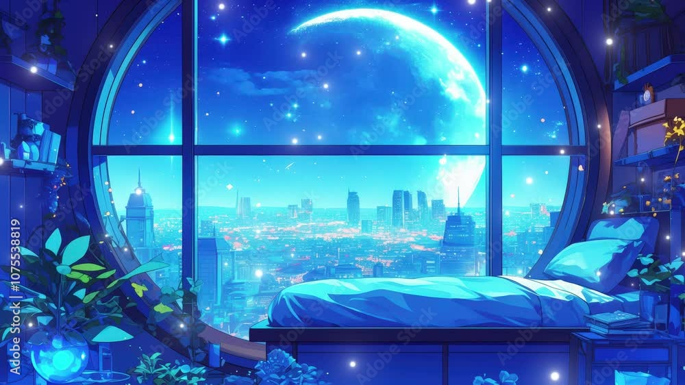 A serene night view of a cityscape illuminated under a cosmic moonlight ...