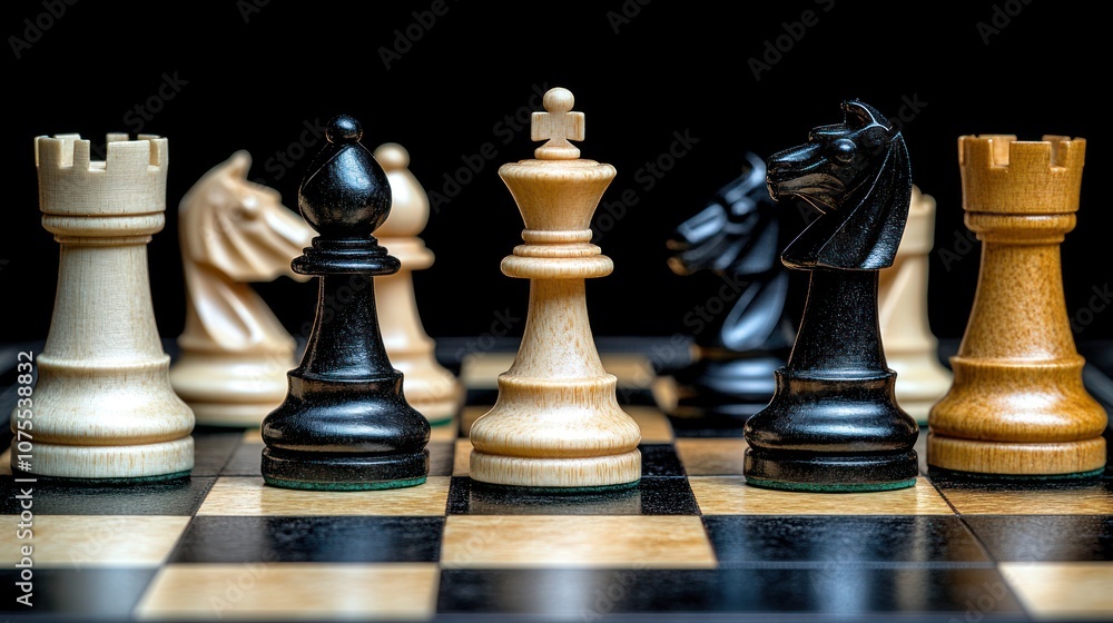 Chess pieces on a board, ready for the game. Chess pieces on a board, ready for the game.