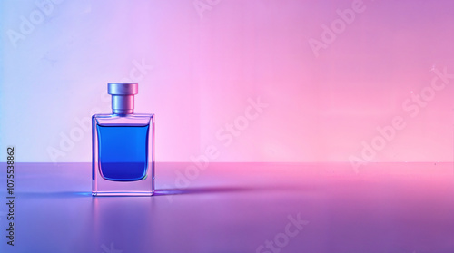 Minimalist perfume bottle with blue liquid on a gradient background, showcasing simplicity and elegance in a clean, contemporary design