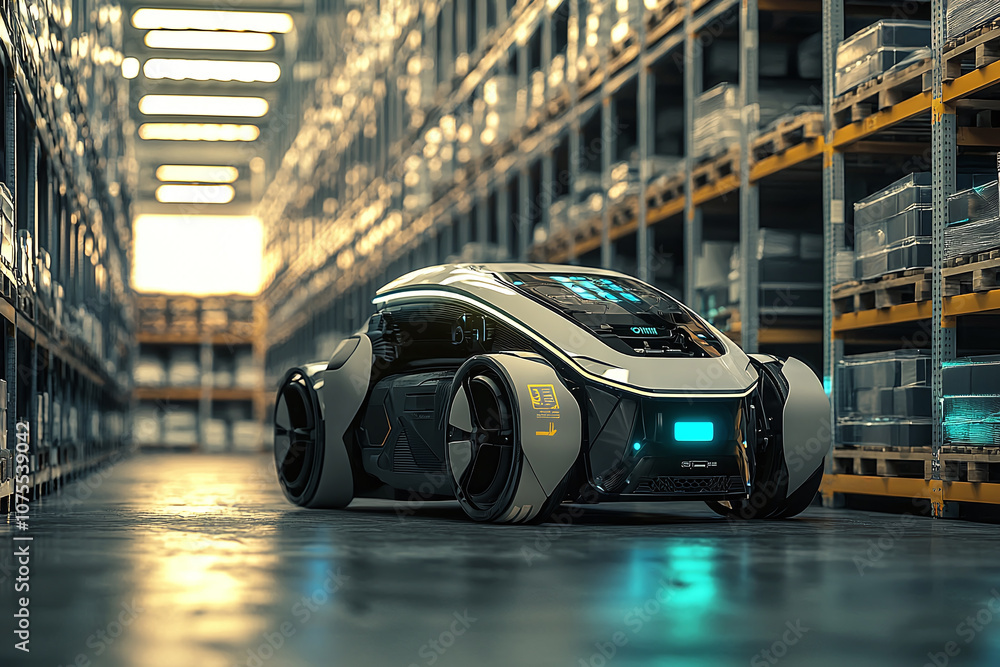 Obraz premium an autonomous robotic vehicle navigating a warehouse, moving goods efficiently.