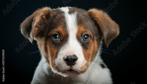 Primer plano, Retrato de la cara de un bonito cahorro de perro. Foto estudio