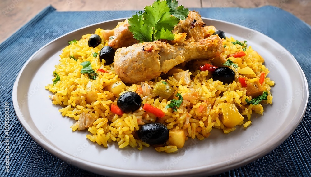 Panamanian arroz con pollo features yellow rice with chicken, olives, and vegetables, t_1(1503) Panamanian arroz con pollo features yellow rice with chicken, olives, and vegetables, t_1(1503)