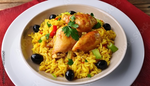  Panamanian arroz con pollo features yellow rice with chicken, olives, and vegetables, toppe_1(1502)