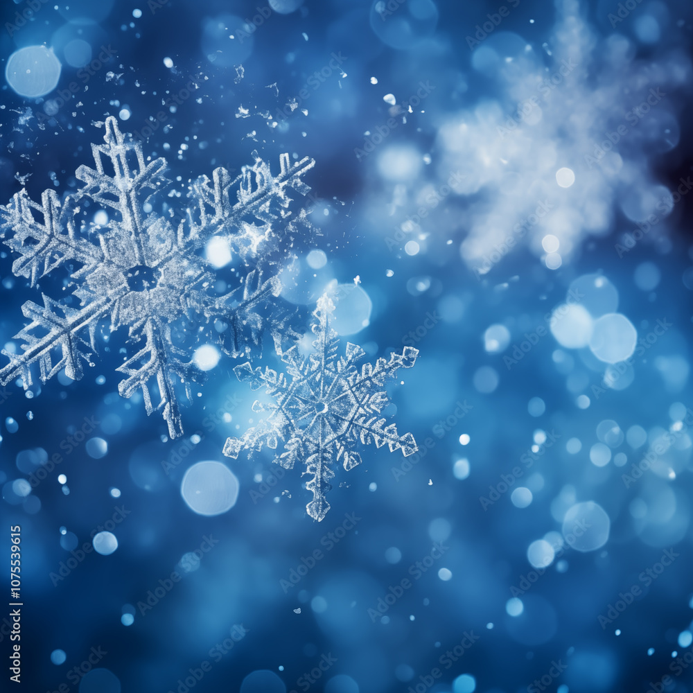 close up of snowflake on blue background, dark fantasy background, gentle snow close up of snowflake on blue background, dark fantasy background, gentle snow