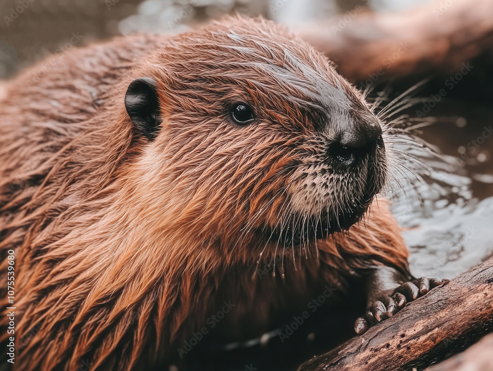 Close-up of beaver resting on log in nature Close-up of beaver resting on log in nature