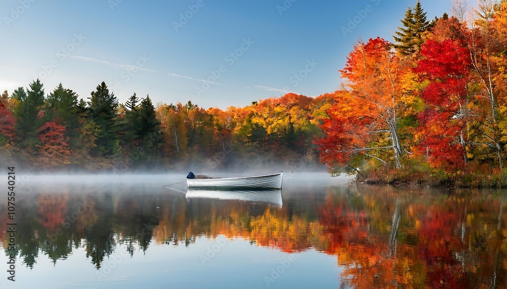 Fototapeta premium Misty lake morning features a lone boat drifting on still water amidst vibrant autumn folia_1(1466)