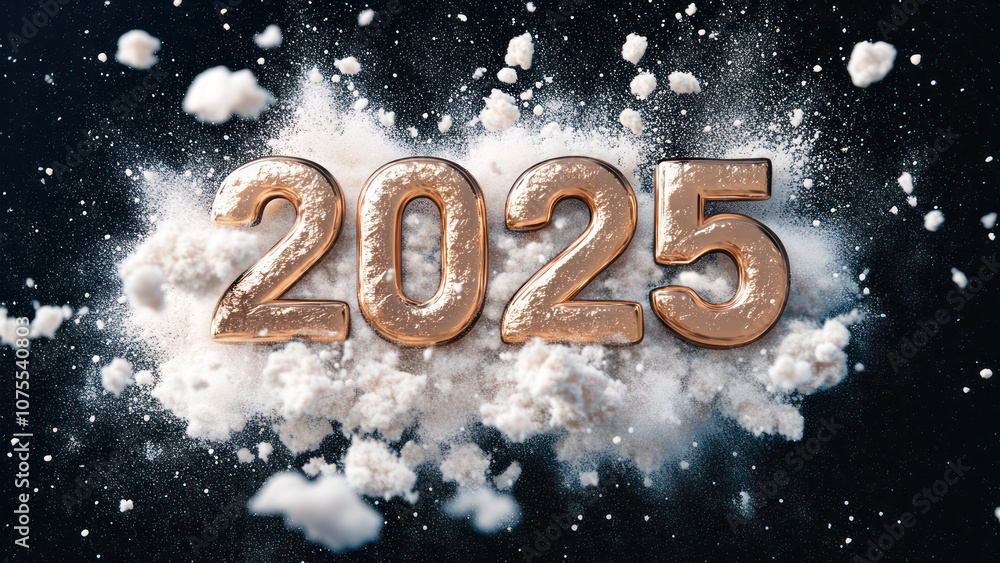 2025 in Bold Gold Textured Numbers with White Dust Explosion and Glitter on Dark Background. New Year Celebration and Festive Design. 2025 in Bold Gold Textured Numbers with White Dust Explosion and Glitter on Dark Background. New Year Celebration and Festive Design.