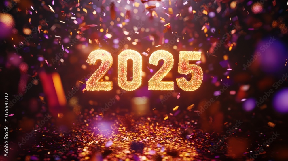 golden and shiny 3d rendered 2025 with confetti. xmas background golden and shiny 3d rendered 2025 with confetti. xmas background
