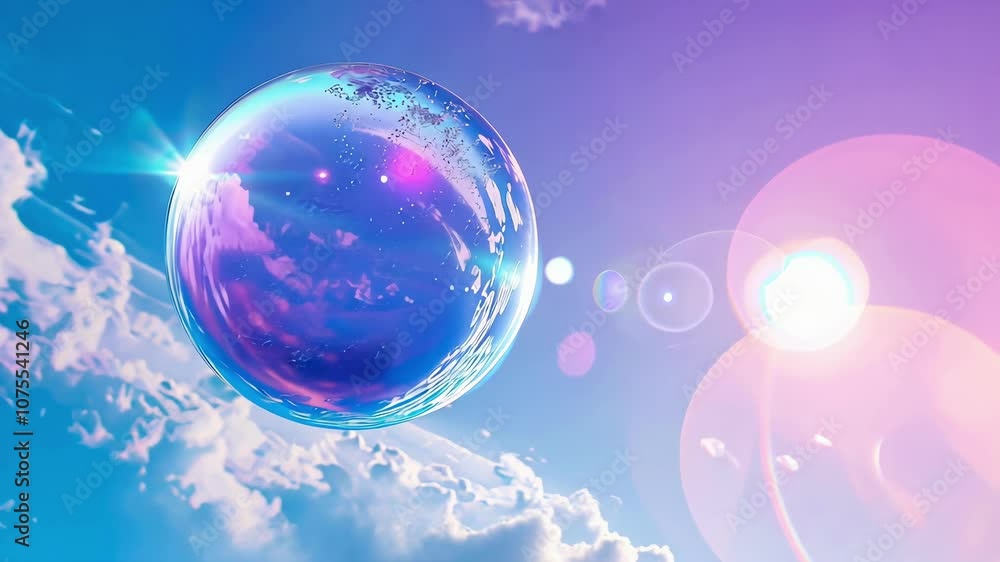 A large, colorful bubble floating in the sky. The bubble is surrounded by a bright blue sky with fluffy white clouds. Concept of wonder and playfulness A large, colorful bubble floating in the sky. The bubble is surrounded by a bright blue sky with fluffy white clouds. Concept of wonder and playfulness