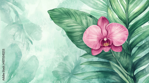 Delicate pink orchid watercolor illustration with green tropical leaves on teal background