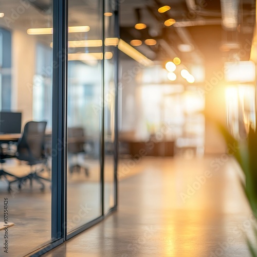 Glow of sunset illuminates glass walls and plants in a modern office corridor