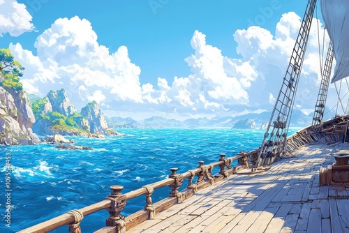 Explore the sunlit deck of a majestic wooden pirate ship sailing through vibrant blue waters on a warm, breezy afternoon