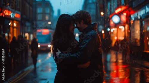 A couple embraces in the rain on a city street at night.