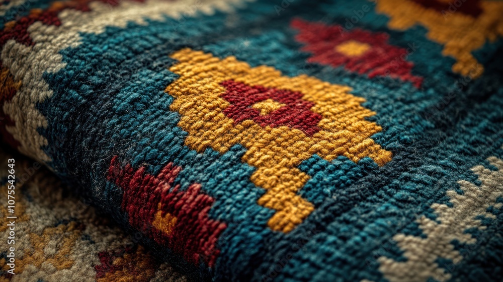 Closeup of a blue, red and yellow patterned rug. Closeup of a blue, red and yellow patterned rug.