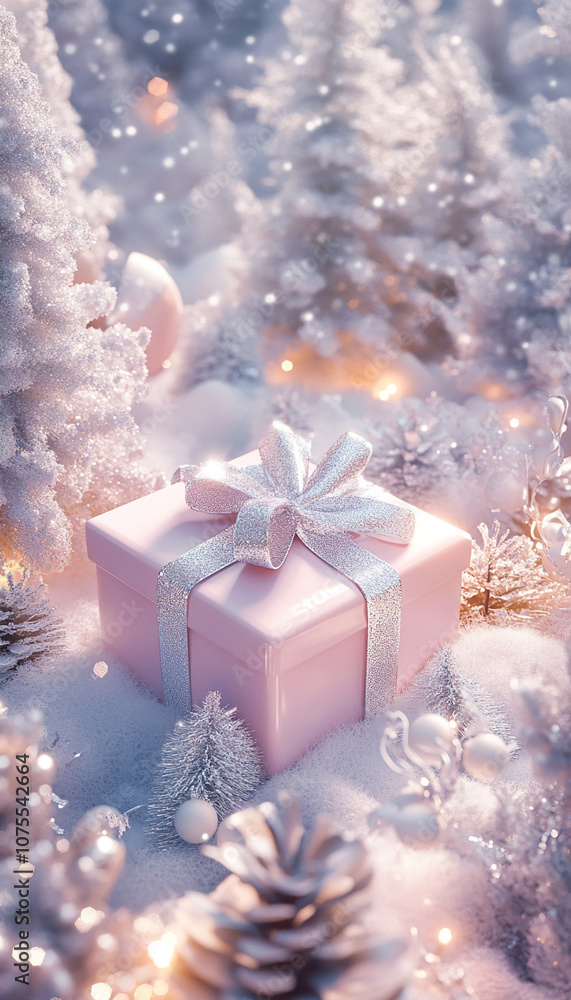 A pink gift box with a silver bow sits in the snow surrounded by pine cones and mini trees, sparkling with Christmas lights and falling snow A pink gift box with a silver bow sits in the snow surrounded by pine cones and mini trees, sparkling with Christmas lights and falling snow