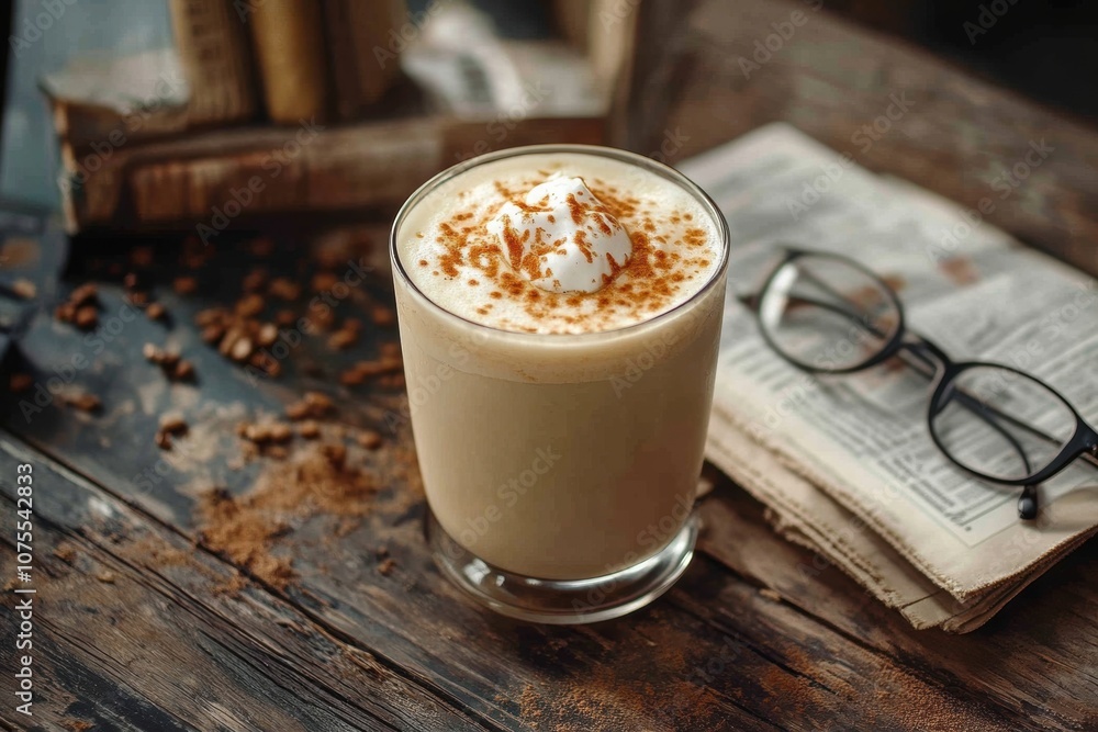 coffee shop scene, an iced vanilla latte with a topping, on a wooden cafe table with a newspaper and reading glasses beside it coffee shop scene, an iced vanilla latte with a topping, on a wooden cafe table with a newspaper and reading glasses beside it