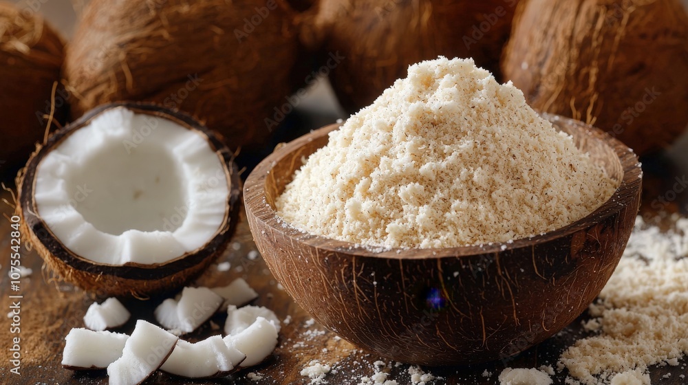 Fresh coconut flour in a wooden bowl surrounded by whole coconuts and flakes Fresh coconut flour in a wooden bowl surrounded by whole coconuts and flakes