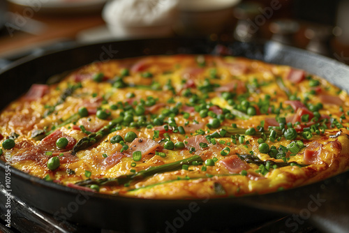 pizza in a frying pan. close up pie with bacon, eggs, cheese, spinach. Italian pie quiche on the table. European cuisine. AI Generated