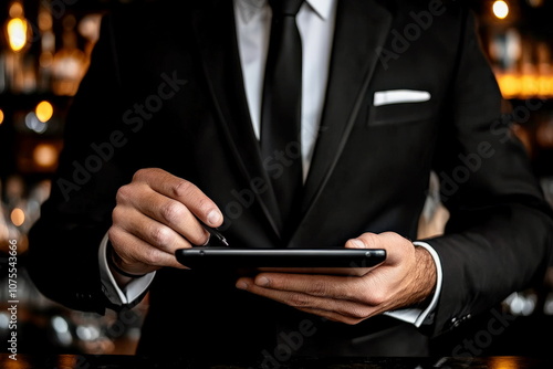 Professional businessman making a checklist on a tablet, quality assessment and questionnaire process in action