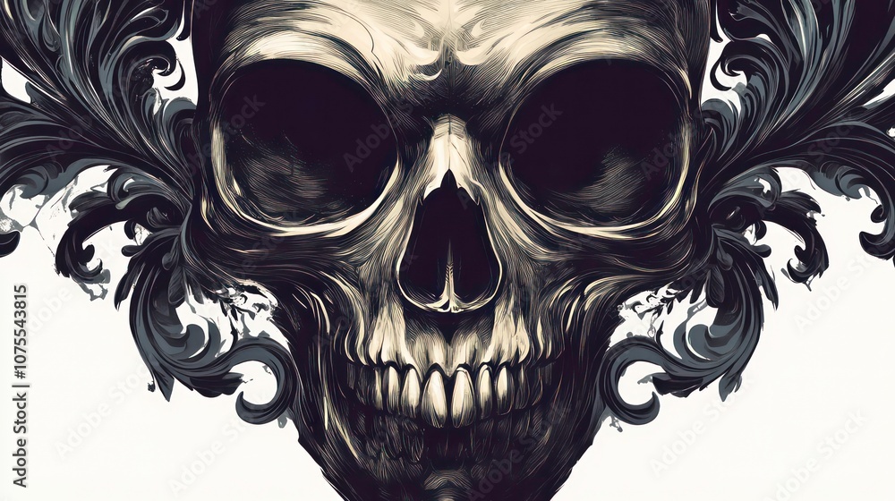 A detailed drawing of a human skull with ornate floral patterns surrounding it. A detailed drawing of a human skull with ornate floral patterns surrounding it.