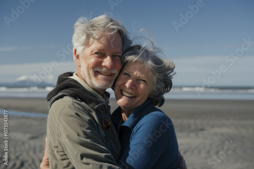 senior happy couple on beach. portrait of a elderly smiling couple hugging on beach. still love. romantic relationships. AI Generated