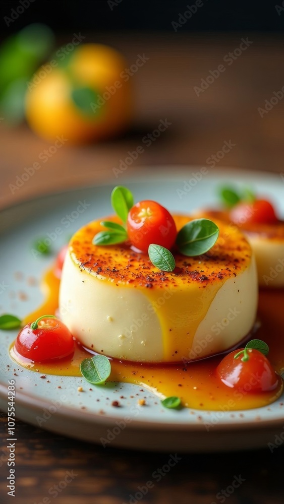 Close-up of a golden fluffy tall omelette garnished with spicy sauce and cherry tomatoes Close-up of a golden fluffy tall omelette garnished with spicy sauce and cherry tomatoes