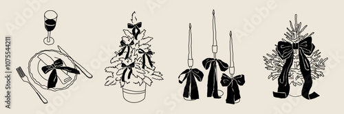 Collection of elegance Italian winter illustrations. Hand drawn line stickers. Christmas tree with bow, serving plate, candle holders. Doodle Clipart ink elements for wall art, cards, branding.