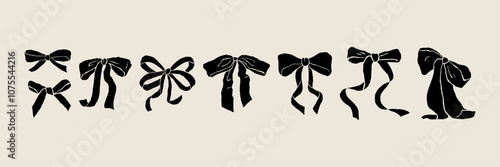 Hand drawn winter Italian la dolce vita collection of various vintage bows.  Retro sketch elements. Doodle line art ink stickers for wall art prints, greeting cards, branding, stories, collages. 
