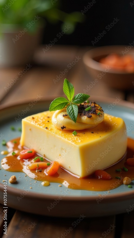 Close-up of a golden fluffy tall omelette garnished with spicy sauce and cherry tomatoes Close-up of a golden fluffy tall omelette garnished with spicy sauce and cherry tomatoes