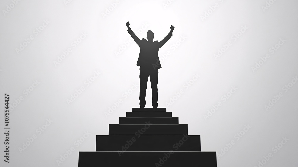 Business Success Triumph - Silhouette of Victorious Businessman on Bright Staircase Background with Negative Space. Business Success Triumph - Silhouette of Victorious Businessman on Bright Staircase Background with Negative Space.