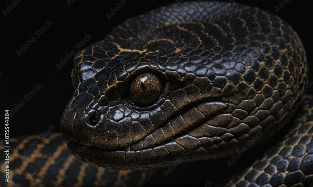 Fototapeta premium A close-up of a black snake's head, showing its scales and eye