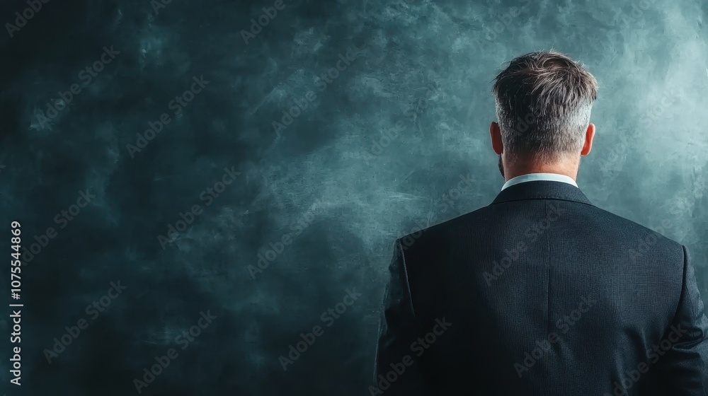 A man in a dark suit stands with his back to the viewer against a textured background, evoking mystery and contemplation. A man in a dark suit stands with his back to the viewer against a textured background, evoking mystery and contemplation.
