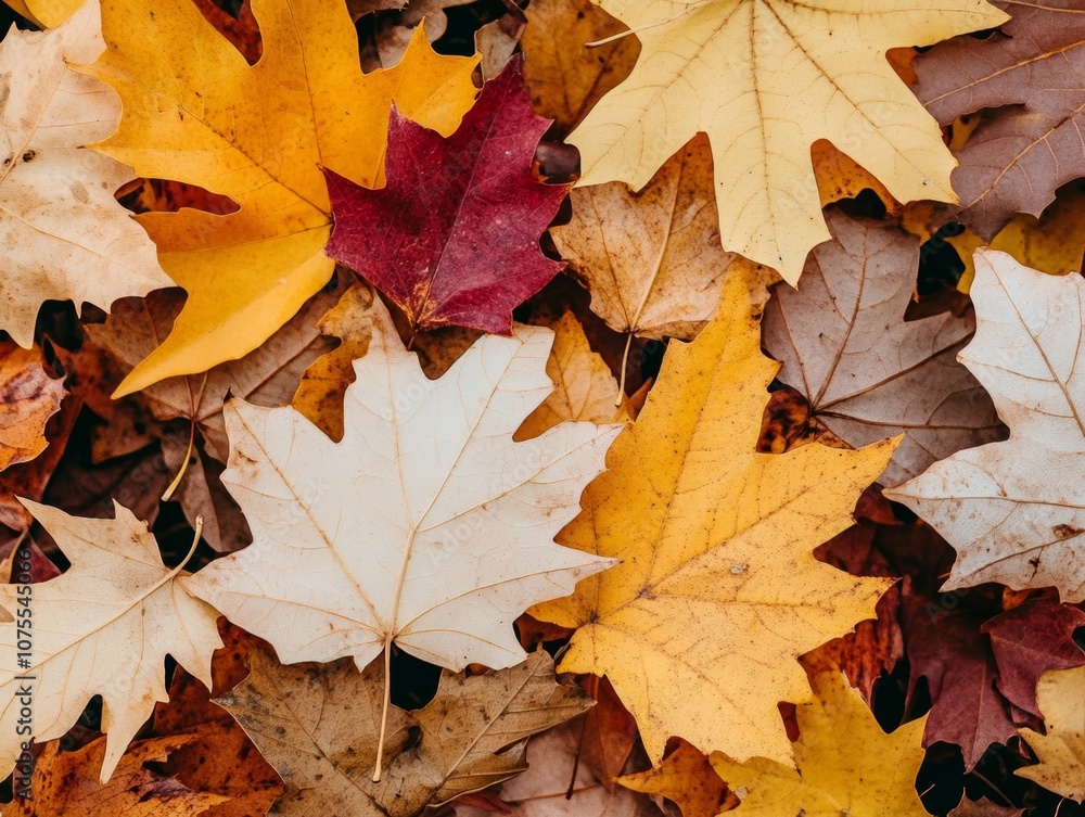 Pile of autumn leaves with a variety of colors including yellow, orange Pile of autumn leaves with a variety of colors including yellow, orange