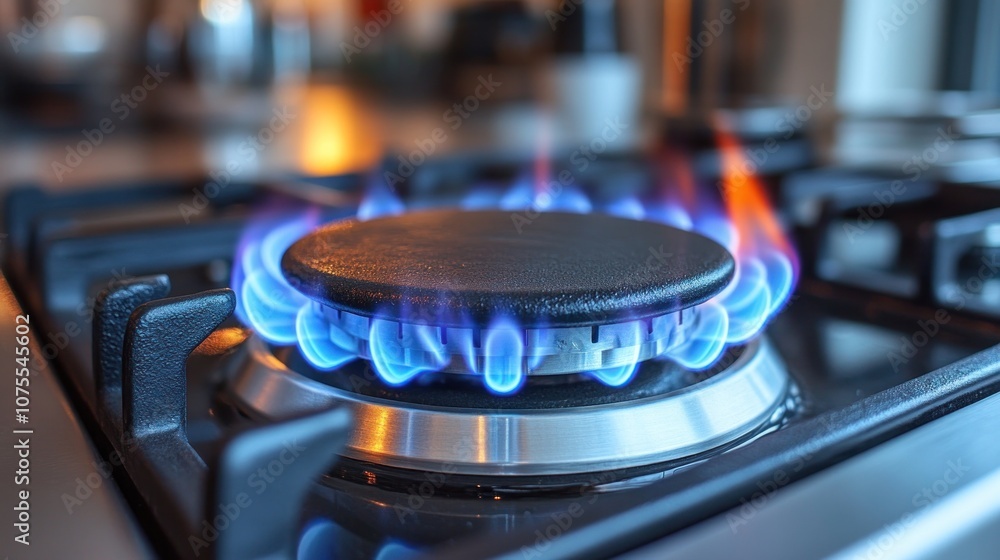 Close-up of a gas stove burner with a blue flame. Close-up of a gas stove burner with a blue flame.