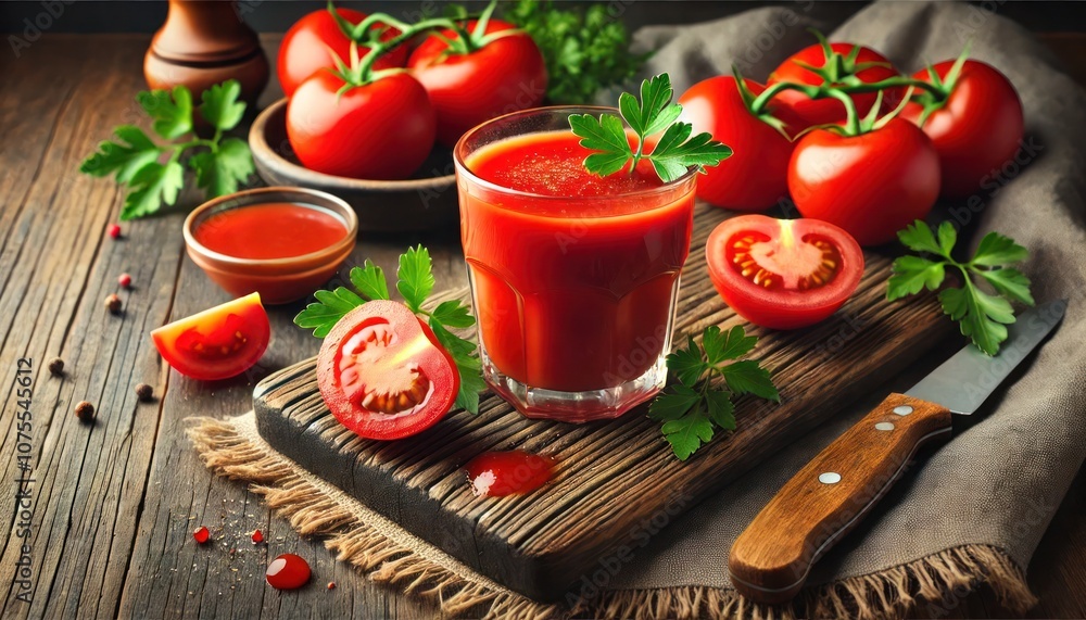 Fresh tomato juice and ingredients in a cozy rustic kitchen setup Fresh tomato juice and ingredients in a cozy rustic kitchen setup