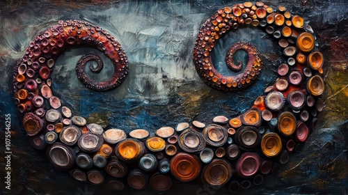 A close-up of a colorful, textured, and abstract sculpture of two curled octopus tentacles against a blue and brown background. photo