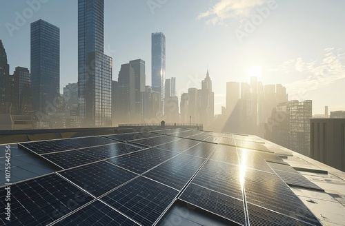 With a cityscape backdrop, a solar panel farm is set in a green field