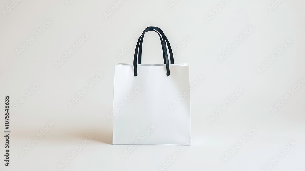 A white shopping bag with black handles isolated on a white background. A white shopping bag with black handles isolated on a white background.