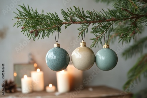 holiday decoration ideas, handmade diy christmas ornaments hanging from a pine branch in a cozy, candlelit room ambiance photo