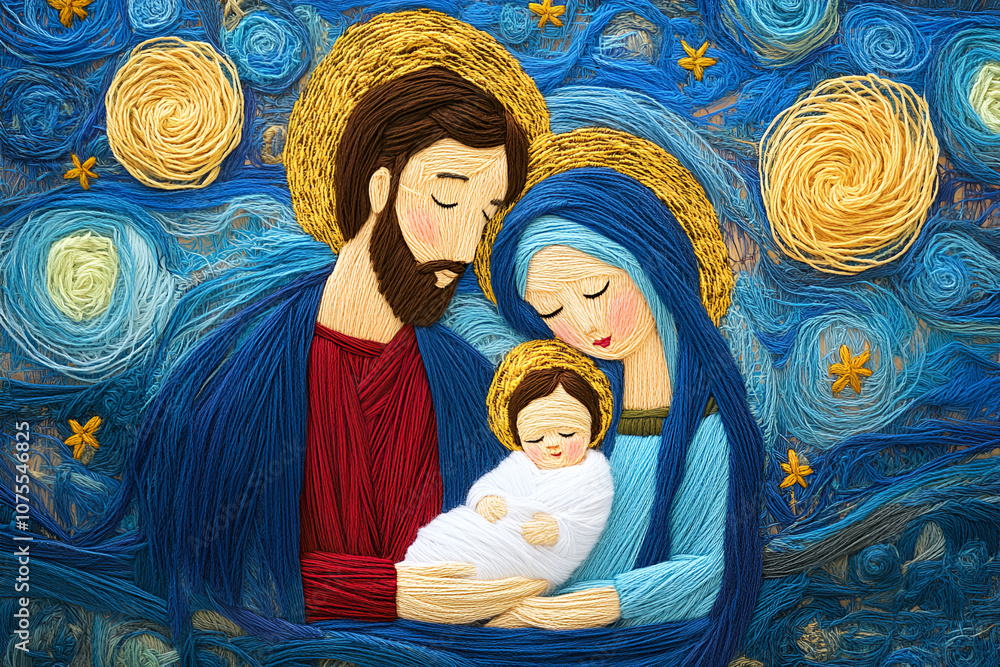 Embroidered nativity scene with Joseph, Mary, and baby Jesus Christ under a swirling starry night sky Embroidered nativity scene with Joseph, Mary, and baby Jesus Christ under a swirling starry night sky