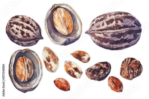 Aromatic Sacha Inchi Seeds and Nuts. Watercolor Hand-drawn Illustration of Plukenetia volubilis on White Background photo