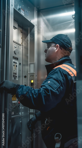 A technician inspects an elevator control panel.